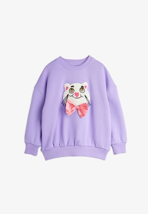 Lila sweatshirt z dolgimi rokavi z belim povštrkom mačje obrazne z rumenimi očmi, rožnatimi ušesi in velikim rožnatim satenskim lokom.