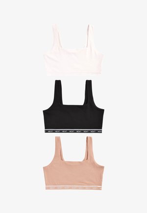 Tre bralette in bianco, nero e nudo. Realizzate in tessuto morbido, ognuna presenta una scollatura quadrata e un elastico con il logo del brand sulla parte inferiore.