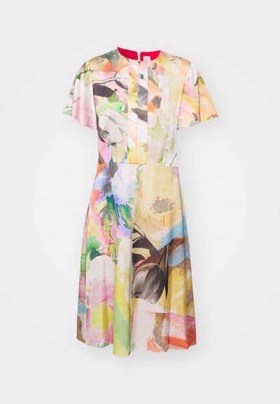 Short-sleeve dress with a round neckline, colorful floral pattern, multi-colored fabric, featuring a front button placket and waistline seam.