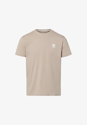 Beiges Kurzarm-T-Shirt mit Rundhalsausschnitt, kleinem weißem "Good Vibes"-Logo und Wellengrafik auf der linken Brust.