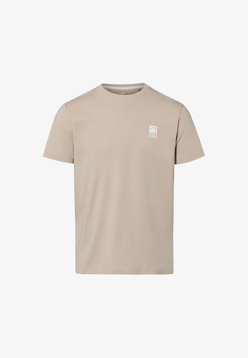 Beżowa koszulka z krótkim rękawem i okrągłym dekoltem, z małym białym logo "Good Vibes" oraz grafiką fali na lewej piersi.