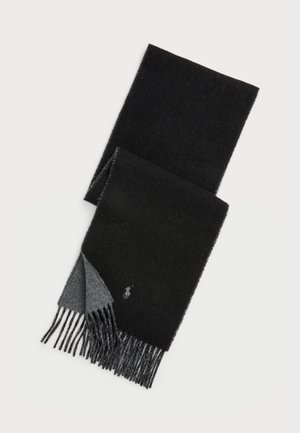 Bufanda de lana negra y gris oscuro con extremos deshilachados y un pequeño logo bordado cerca de uno de los flecos.