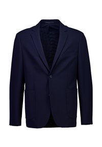 Donkerblauw eenrijig herenblazer met inkeping revers, twee opgestikte zakken aan de voorkant en twee knopen op een witte achtergrond.