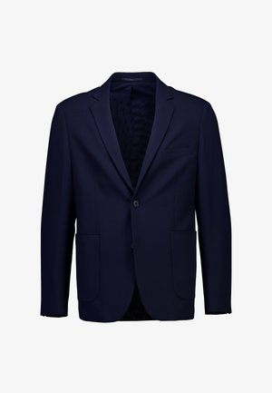 Donkerblauw eenrijig herenblazer met inkeping revers, twee opgestikte zakken aan de voorkant en twee knopen op een witte achtergrond.