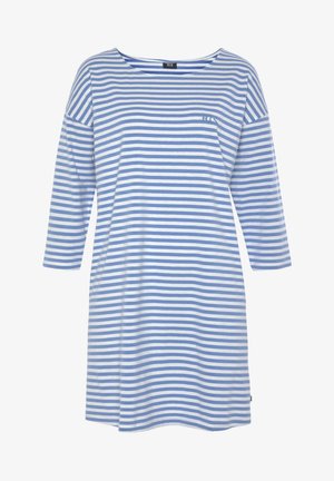 Blau-weiß gestreifte Tunika mit Dreiviertelärmeln, rundem Halsausschnitt und kleiner Brusttasche. Weicher, leichter Stoff.