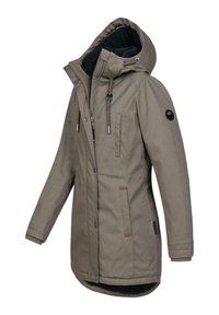 Khaki parka jack met een capuchon, rits- en knoopsluiting, zijzakken en gebreide manchetten; gemaakt van duurzame, gestructureerde stof.
