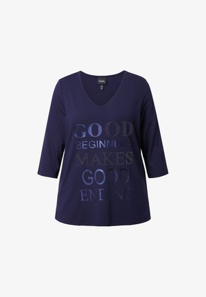 Navy blue t-shirt with a V-neck, 3/4 sleeves, and a graphic print featuring the words "GOOD BEGINNING MAKES GOOD ENDING" in varying textures.