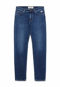 Jeans in denim blu con un taglio dritto, dotati di chiusura a bottone e cerniera, passanti per cintura e tasche anteriori/posteriori. Nessun motivo visibile.