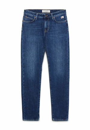 Jeans in denim blu con un taglio dritto, dotati di chiusura a bottone e cerniera, passanti per cintura e tasche anteriori/posteriori. Nessun motivo visibile.