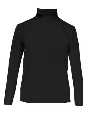 Zwarte top met lange mouwen, een hoge funnelneck, een gladde textuur en geplooide details bij de schouder, ontworpen voor een nauwsluitend silhouet.