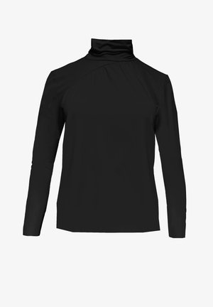 Zwarte top met lange mouwen, een hoge funnelneck, een gladde textuur en geplooide details bij de schouder, ontworpen voor een nauwsluitend silhouet.