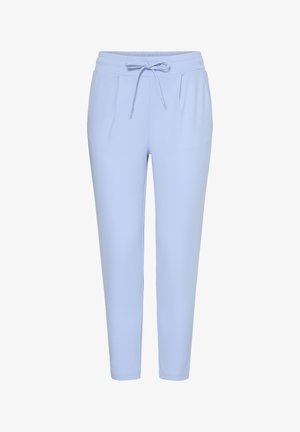 Hele sinised kitsenevad püksid elastse vöökohaga ja ees tõmblukuga, millel on peened voldid ja sile tekstiil.