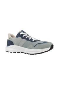 Sneaker with a mix of light gray and navy suede, mesh upper. White laces and a thick white midsole; textured black rubber outsole.