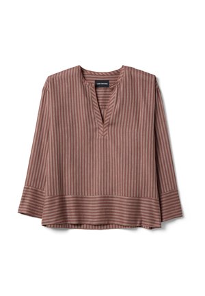 Langarmblouse in roestkleur met verticale witte strepen, gespleten halslijn en bredere horizontale gestreepte zoom en manchetten.