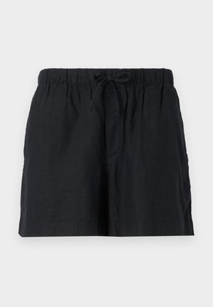 Crne lanene kratke hlače s elastičnom strukom i vezicom. Imaju bočne džepove i opušteni kroj.