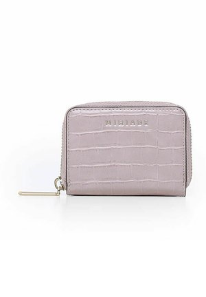 Pink crocodile-embossed wallet with a zip closure, featuring the brand name "MIRIAD" debossed on the front and a gold-tone hardware accent.