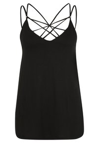 Black tank top with a deep V-neck, featuring crisscross straps at the back. Made of soft, smooth fabric with a relaxed fit.