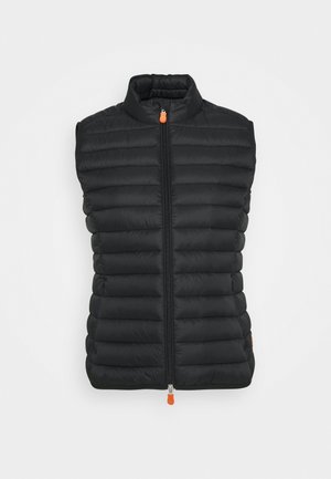Czarna bezrękawnikowa kamizelka puchowa z poziomym pikowaniem, wysokim kołnierzem i przednim zamkiem błyskawicznym z pomarańczowymi uchwytami u góry i u dołu.