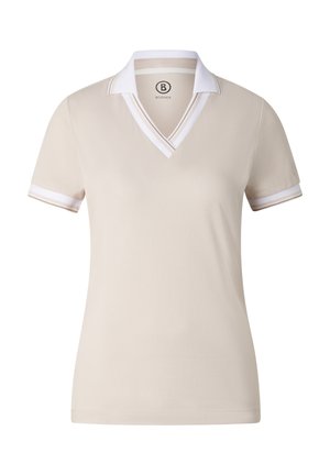 Beige short-sleeve polo shirt with white collar and sleeve trim, v-neck opening, and Bogner logo inside collar and on sleeve.