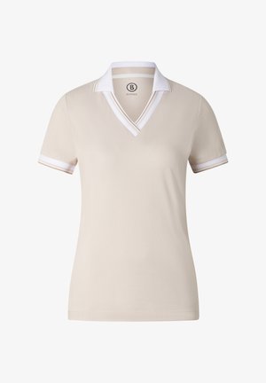 Beige poloshirt met korte mouwen, witte kraag en mouwomslag, V-halsopening, en Bogner-logo binnenin de kraag en op de mouw.