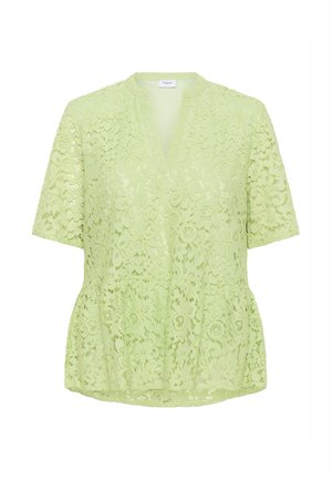 Top din dantelă de culoare verde deschis, cu decolteu în V și mâneci scurte. Prezintă motive florale și o talie strânsă pentru o croială lejeră.