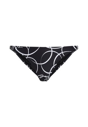 Costumi da bagno neri con motivi circolari bianchi e scritte a mano, realizzati in materiale elastico con un design elegante.