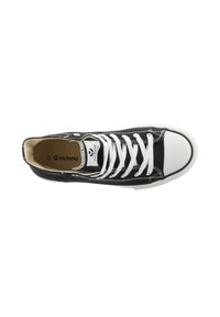 Baskets en toile noire avec un embout et une semelle en caoutchouc blanc. Elles comportent des lacets blancs, des coutures blanches, et un logo sur la languette. Taille 37.