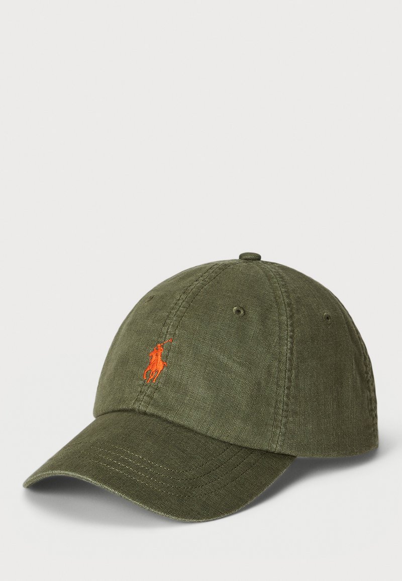 Olive green baseball cap made of cotton, featuring an embroidered bright orange horse logo and six-panel design with a curved brim.