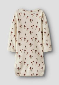 Body long-sleeve crema con una texture a costine e un motivo floreale in rosso scuro e verde, con scollatura rotonda e aperture laterali.