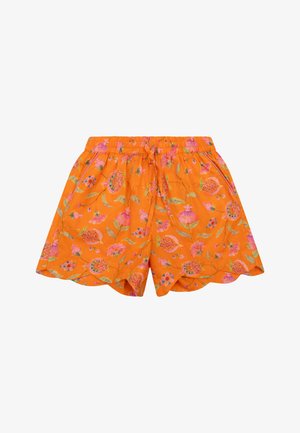 Oranje korte broek met elastische taille, roze en groene bloemmotieven en een gesprengelde zoom.
