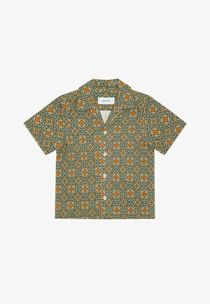 Korte mouwen overhemd met knopen, met een geometrisch bloemenpatroon in groen, oranje en crème. Gemaakt van lichtgewicht stof met een kraag.