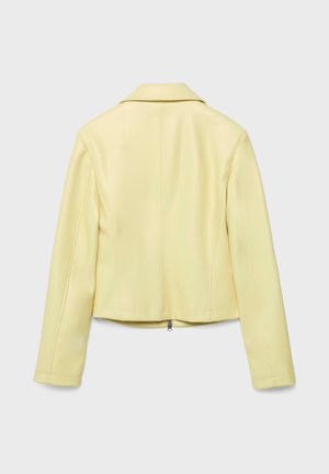 Lichtgeel cropped jack met lange mouwen, naaddetails, een kraag en een ritssluiting aan de achterkant.