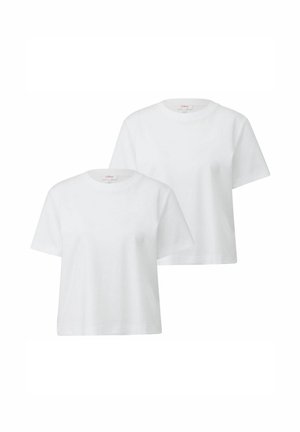 Zwei weiße Baumwoll-T-Shirts mit kurzen Ärmeln, rundem Halsausschnitt und lockerer Passform. Glatte Textur ohne sichtbare Muster oder Akzente.