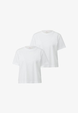 Zwei weiße Baumwoll-T-Shirts mit kurzen Ärmeln, rundem Halsausschnitt und lockerer Passform. Glatte Textur ohne sichtbare Muster oder Akzente.