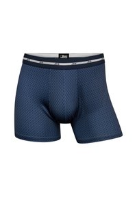 Navy boxer shorts with a textured diamond pattern, featuring a contrasting elastic waistband with logo detail. Material appears smooth and stretchy.