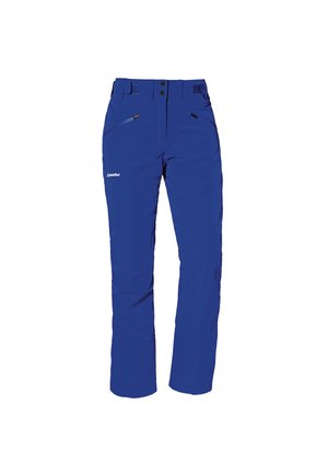 Blaue Outdoor-Hosen mit Reißverschluss-Fronttaschen, verstellbaren Taillenriegeln und Logo auf dem linken Oberschenkel vor einem weißen Hintergrund.