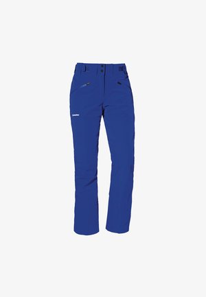 Blue outdoor pants with zippered front pockets, adjustable waist tabs, and logo on the left thigh against a white background.