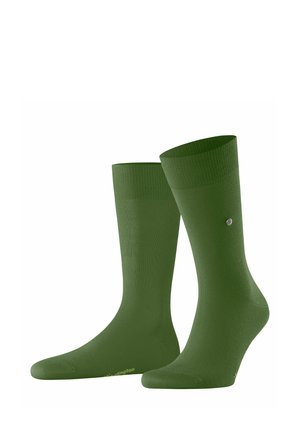 Calzini in cotone verde scuro con polsini a coste e texture liscia, caratterizzati da un piccolo logo sul lato. Lunghezza classica.