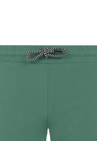 Groene zwembaden met een elastische tailleband, voorzien van een zwart-witte chevronpatroon trekkoord en gemaakt van een gladde, lichte stof.
