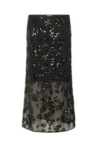 Jupe noire en sequins avec un motif floral, une couche inférieure semi-transparente et une taille ajustée. La texture présente des ornements brillants.