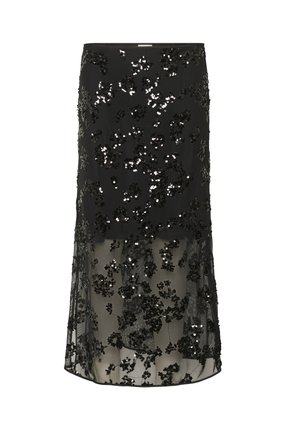 Falda de lentejuelas negras con un patrón floral, capa inferior semitransparente y una cintura ajustada. La textura presenta adornos brillantes.