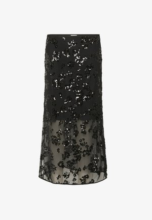 Fustă neagră din paiete cu un model floral, strat inferior semi-transparent și talie ajustată. Textura prezintă decorațiuni strălucitoare.