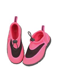 Damen- und Herrenschuhe in Pink und Schwarz mit Netzdesign, Gummisohle und einer seitlichen Zuglasche. Die Größe 28 ist auf der Innensohle angegeben.