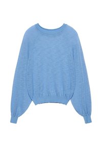 Hellblauer Pullover mit langen Ärmeln, Ballonärmeln, gerippten Bündchen und einem taillierten, gerippten Saum, auf weißem Hintergrund dargestellt.
