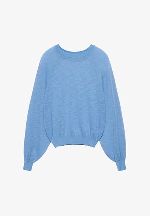 Pulover albastru deschis cu mâneci lungi bufante, manșete cu dungi și tiv strâns, prezentat pe un fundal alb.