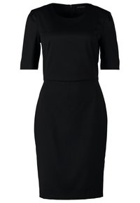 Robe noire ajustée longueur genou avec manches aux coudes et encolure ronde, dotée d'une fermeture éclair au dos.
