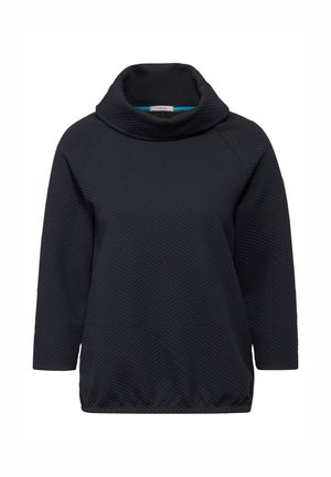 Schwarzer Pullover mit einem Schalkragen, der ein strukturiertes Muster aus sich kreuzenden Linien aufweist. Lange Ärmel und eine leicht lockere Passform.