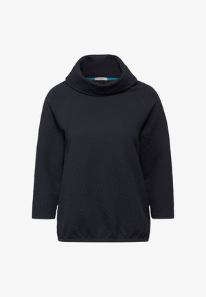 Černý svetr s kulatým výstřihem, s texturovaným vzorem křížících se linií. Dlouhé rukávy a mírně uvolněný střih.