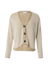 Beige gestrickte Strickjacke mit weißen Streifen, V-Ausschnitt und drei großen braunen Knöpfen. Mit verkürztem Saum und langen Ärmeln.