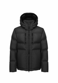 Jachetă puffer neagră cu glugă, având fermoar frontal, două buzunare cu fermoar, design capitonat și o textură netedă, lucioasă.